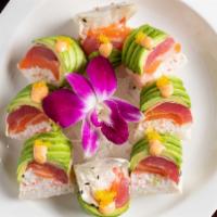 Y G Roll · In icrab, tuna and salmon. Out wrapped in soy paper topped with avocado, dynamite sauce and ...