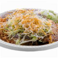 Bean Tostada & Enchilada - Plate · One bean tostada, lettuce, and cheese + One cheese enchilada in a red sauce, served with ric...