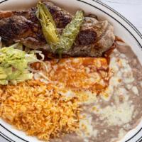 Carne Asada · Served rice, beans, (1) cheese enchilada, pico de gallo, guacamole, and tortillas.