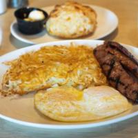 2 Eggs, Toast & A Side · Side Choices are O’Brien Breakfast Potatoes, Crispy Hash Browns or Sliced Roma Tomatoes Or, ...