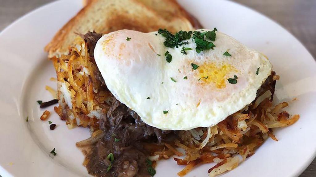 Angus Short Rib & Hash Brown Potato Cakes · Cabernet Braised Angus Beef with Eggs and your choice of Toast