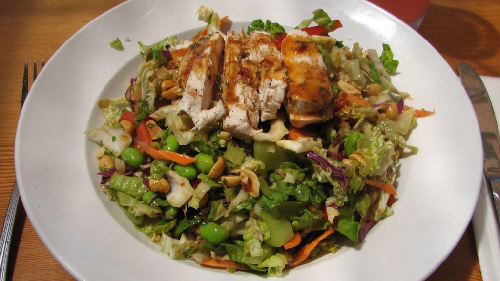 Thai Chicken · Napa Cabbage, Romaine, Edamame, Carrots, Red Bell Peppers, Crushed Peanuts, Sliced Celery, Cilantro, Sesame Peanut Dressing
