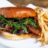 Lj Burger · Angus Ground Beef, Creamy Goat Cheese, Honey Cured Bacon, Fig Spread, Caramelized Onions, Ar...
