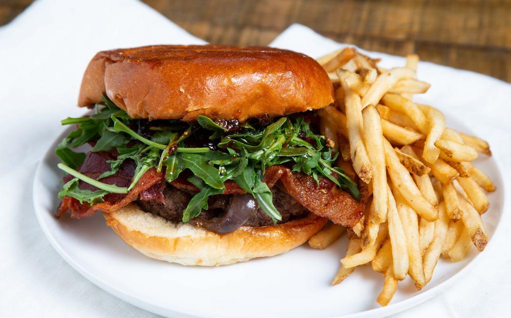Lj Burger · Angus Ground Beef, Creamy Goat Cheese, Honey Cured Bacon, Fig Spread, Caramelized Onions, Arugula with Whole Grain Dijon
