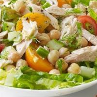 Tuna Salad · Romaine lettuce, tuna in mayo with green onions, avocado, cucumbers, cherry, tomatoes, hard ...