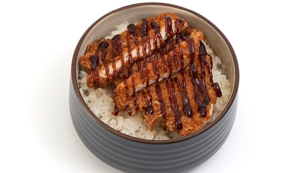 Chicken Katsu Bowl · All-natural white meat chicken breast, coated with Japanese. panko bread crumbs, and fried crispy. Served with katsu. sauce on a bed of rice.