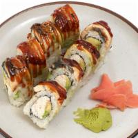 Dragon Roll · California roll inside with freshwater eel & avocado on top.
