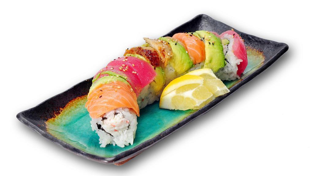 Rainbow Roll · California roll inside with tuna, salmon, fresh-water eel, &. avocado on top.