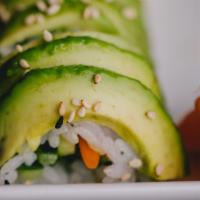 Veggie Roll · Cucumber, avocado, & gobo inside with avocado on top.