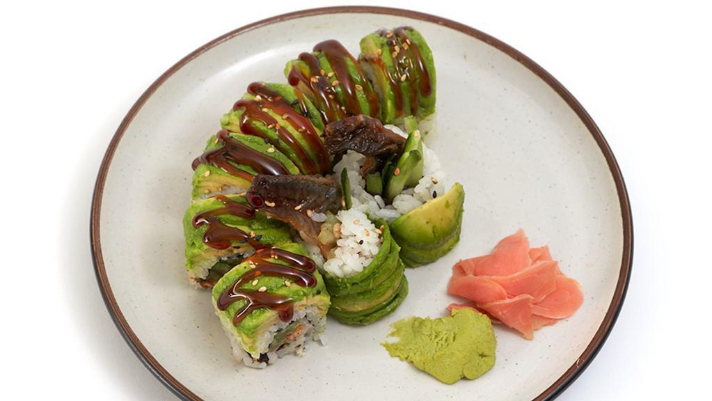 Caterpillar Roll · Freshwater eel & cucumber inside with avocado on top.