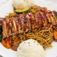 Chicken Yakisoba · Japanese noodles wok-stirred with fresh veggies. and traditional yakisoba sauce. Served with...