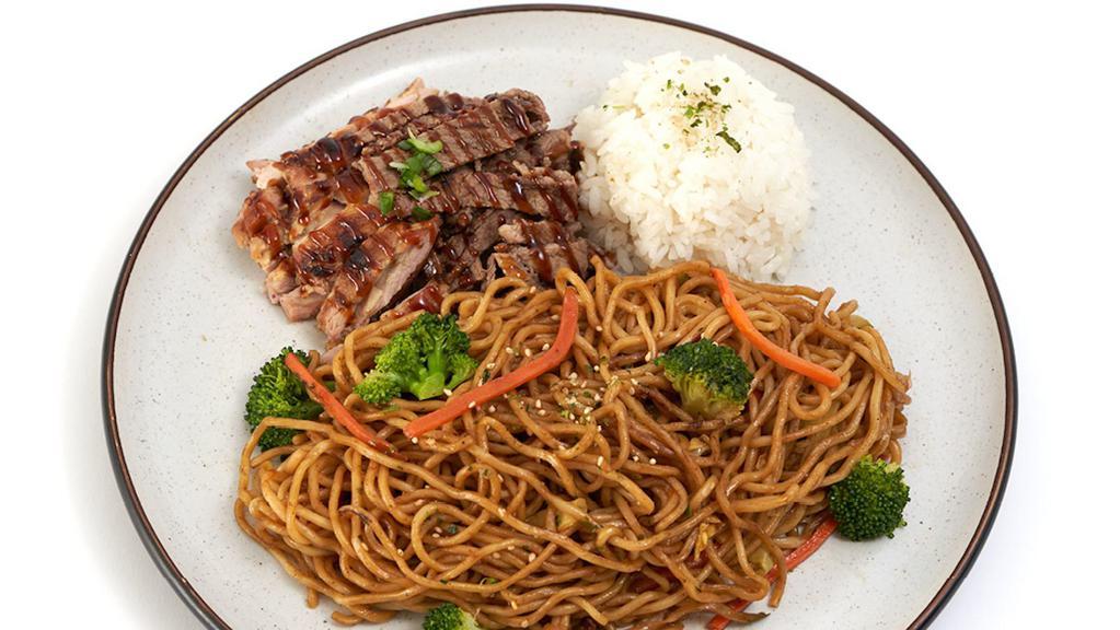 Chicken & Beef Yakisoba · Japanese noodles wok-stirred with fresh veggies. and traditional yakisoba sauce. Served with teriyaki. chicken & beef & a side of rice.