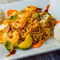Shrimp Yakisoba · Japanese noodles wok-stirred with shrimp, veggies,. and traditional yakisoba sauce. Served w...