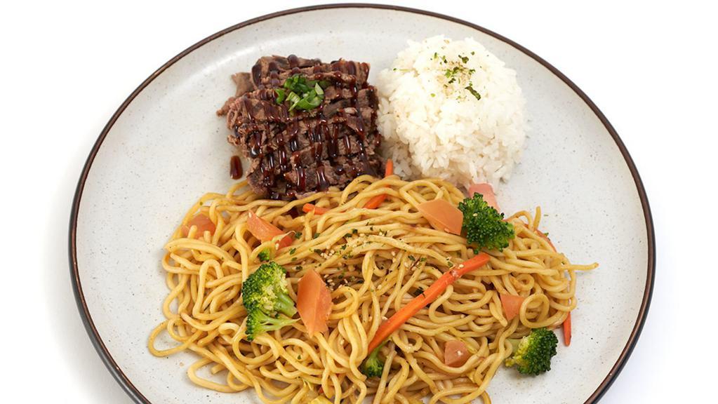 Beef Butter Garlic Noodles · Japanese noodles wok-stirred with fresh veggies and traditional. butter garlic sauce. Served with teriyaki beef & a side of. rice.