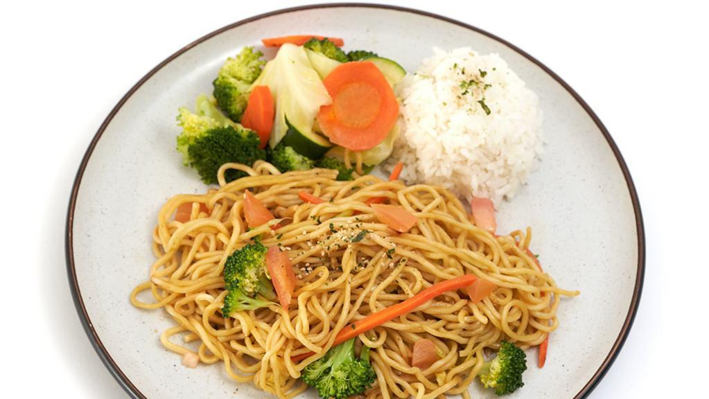 Veggie Butter Garlic Noodles · Japanese noodles wok-stirred with fresh veggies. and traditional butter garlic sauce. Served with a. side of rice.