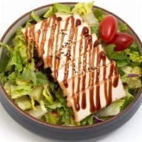 Tofu Salad · Large garden salad topped with flash-fried tofu steak drizzled. with teriyaki sauce.
