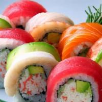 Rainbow Roll · Most popular. Imitation crab meat, cucumbers and avocado. Topped with fresh tuna, salmon, al...