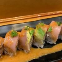 #22. Albacore Miso Roll · Albacore with miso pasta, tempura flakes and cucumbers. Topped with albacore, avocado, scall...