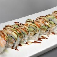 Double Tiger Roll · Imitation crab meat, cucumbers, avocado and shrimp tempura. Topped with boiled shrimp, avoca...