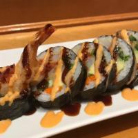 #19. Heart Attack Roll · Spicy tuna, shrimp tempura, avocado, cucumbers, sprouts, asparagus, gobo and jalapenos. Topp...