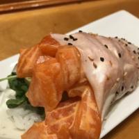 Charlie Hand Roll · spicy salmon, avocado, smelt egg, sprout, cucumber with soy paper