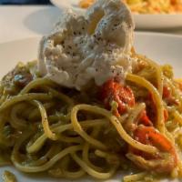 Spaghetti A.O. · Vegetarian. Burrata . Caramelized grape tomato. Albino Olio. Pesto drizzle