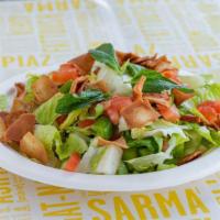 Spring Salad (Fattoush) · Chopped salad with Romaine lettuce, green onion, tomato, cucumber, bell pepper, pita chips, ...