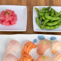 Omakase B · Organic edamame, sashimi choice, albacore sushi 2 pieces, salmon sushi, 2 pieces, yellowtail...