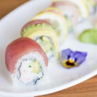 Rainbow Roll · California roll topped with tuna, yellowtail, salmon, shrimp and avocado.