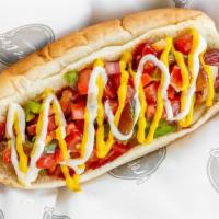 Street Dog · Bacon Wrapped Hot Dog topped with grilled onion, grilled jalapeńos, tomato, ketchup,mayo and...