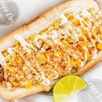 Elote Dog · Bacon wrapped Hot Dog topped with grilled onion, corn, cotija cheese, sour cream and chili p...