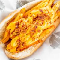Cheesy Potato Dog · Bacon wrapped Hot Dog topped with season fries, nacho cheese and bacon bits.