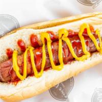 Plain Dog · Bacon wrapped hot dog topped with ketchup and mustard.