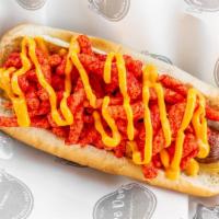 Hot Cheetos Dog · Bacon wrapped Hot Dog topped with Flamin Hot Cheetos, grilled onion and nacho cheese.