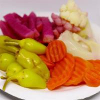 Mixed Pickles · A Mix of Pickled Vegetables, Cauliflower, Carrots, Chili Peppers, Turnips, and Pickles.