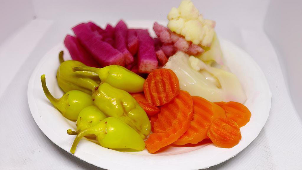 Mixed Pickles · A Mix of Pickled Vegetables, Cauliflower, Carrots, Chili Peppers, Turnips, and Pickles.