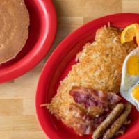 Big Boy Breakfast · Served with 2 pancakes, hash browns, choice of: 4 bacon, 4 sausage, ham or hot link.