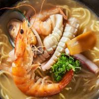 Mixed Seafood Ramen · Pork and chicken broth, bean sprouts, green onion, fried onion, nori, assorted seafood.