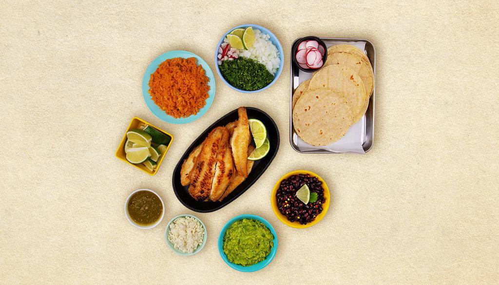 Grilled Fish Taco Kit · 1 pound of protein, 12 hand-made corn tortillas, mexican rice, chopped onions, cilantro, shredded cheese, salsa verde, limes.