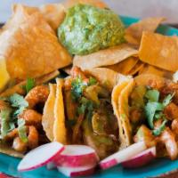 3 Shrimp Taco Deal · 3 Shrimp tacos, grill onion, cilantro, red salsa, guacamole sauce, and a side of chips and g...