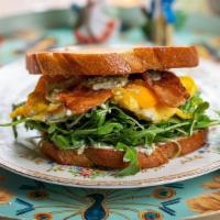 Bacon, Cheddar And Egg Sourdough Sandwich · sourdough, bacon, cheddar, egg, lemon herb aioli, arugula