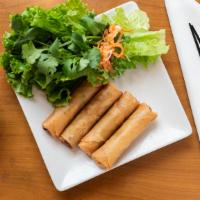Chả Giò - Egg Rolls (4) · Crispy roll filled with pork, shrimp, glass noodles, and vegetables, served with Asian green...