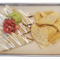 Grilled Chicken Quesadilla · Flour tortilla, refried beans, grilled chicken, garlic herb butter, three cheese blend, El M...