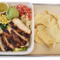 Grilled Chicken Salad · Grilled Romaine lettuce,  grilled chicken, pico de gallo, grilled corn, guacamole, cotija ch...