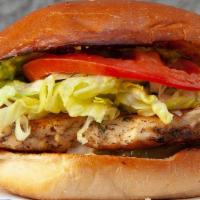 Chicken Burger · Grilled Chicken Breast, Lettuce, Roma Tomato, Pickles, Guacamole Sauce, Mayo. Add French Fri...