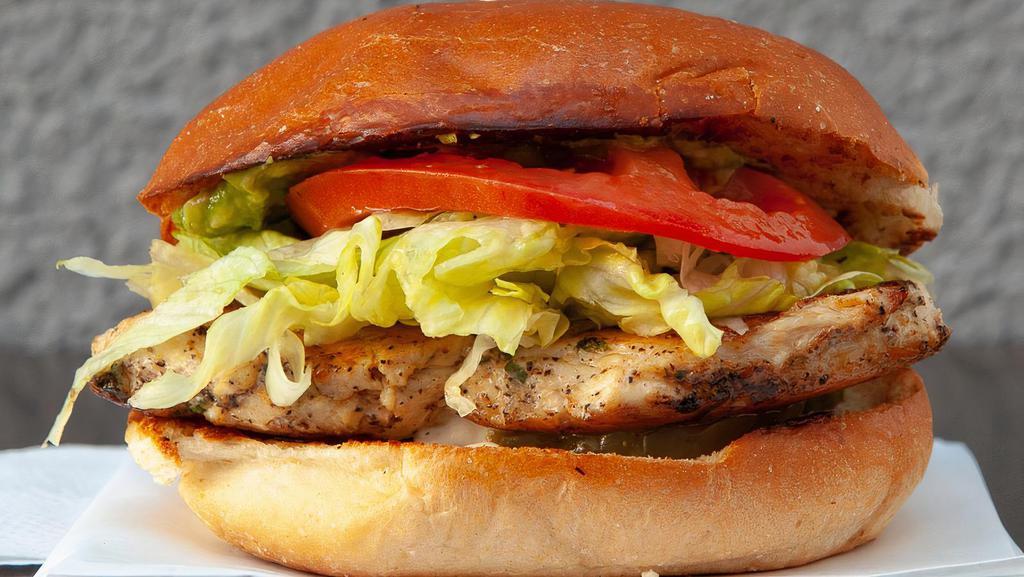 Chicken Burger · Grilled Chicken Breast, Lettuce, Roma Tomato, Pickles, Guacamole Sauce, Mayo. Add French Fries, Caesar Salad, Garden Salad, Greek Salad for an additional charge.