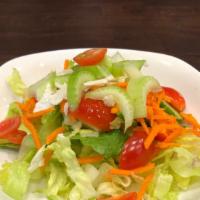Garden Salad · Romaine hearts, grape tomatoes, Persian cucumber, carrots, shaved cauliflower, chopped celer...