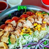 Bbq Chicken Salad · Crisp Romaine lettuce, grilled skinless chicken breast, tomatoes, corn kernels, black beans,...