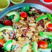 Blt Avocado Salad · Crisp Romaine lettuce, crispy bacon crumbles, sliced avocado, cherry tomatoes, corn kernels,...