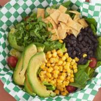 Southwestern Salad · Crisp Romaine lettuce, cherry tomatoes, corn kernels, black beans, cilantro, avocado, and ga...